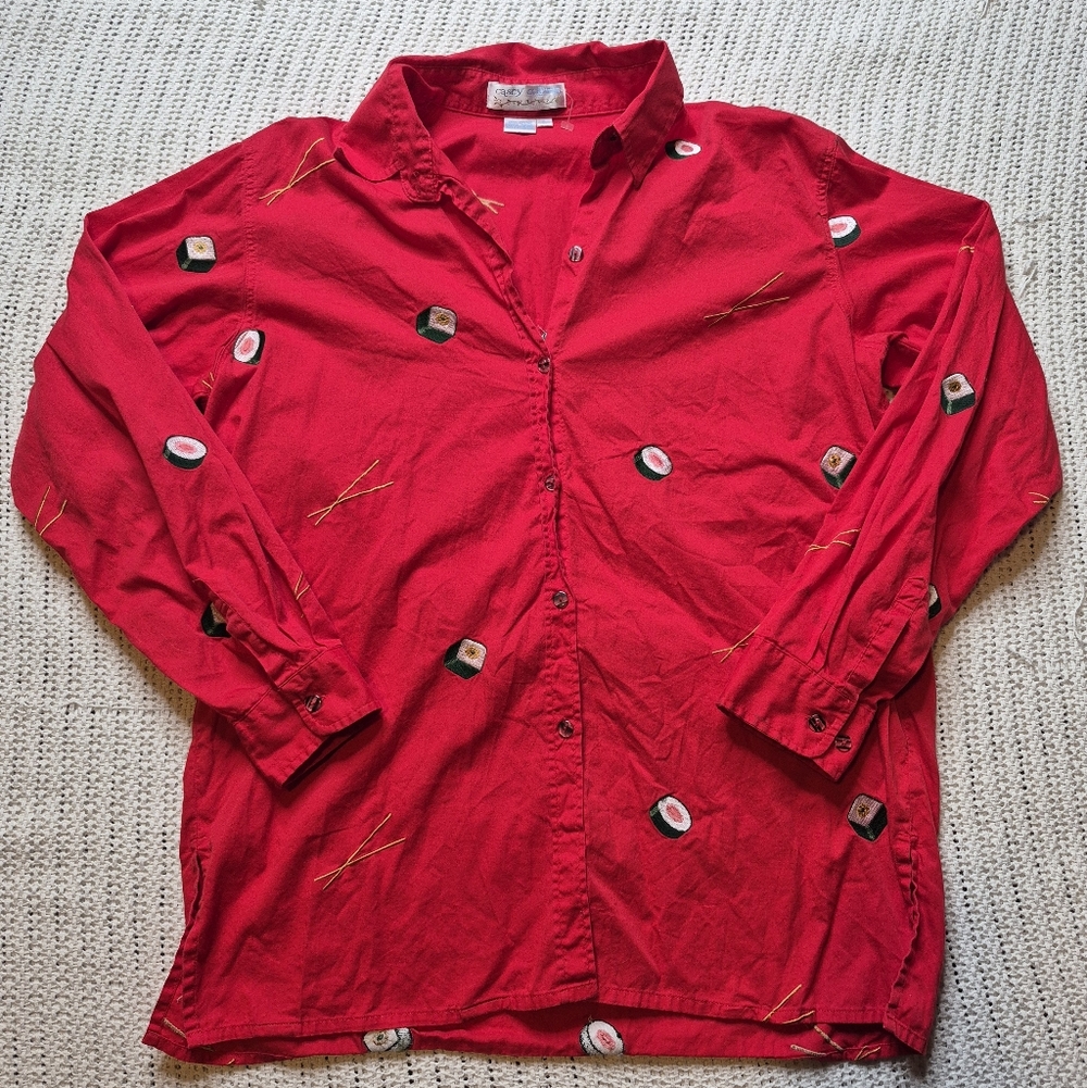 VTG Casey Coleman Shirt Womens L Red Sushi Roll Chopsticks Embroidered Novelty - Picture 1 of 8